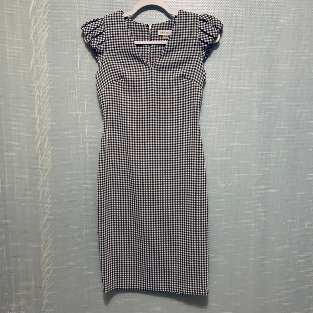 Calvin Klein V Neck Gingham Sheath Dress - Picture 3 of 7